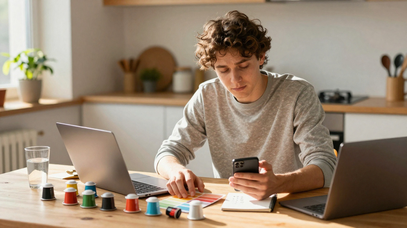 Junger Mann sitzt an Holztisch mit zwei Laptops, Farbmustern und Kaffeekapseln, telefoniert und arbeitet.
