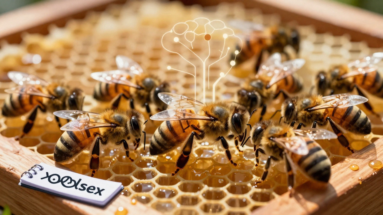 Honigbienen auf einer Wabe, eine Biene mit einem digitalen Gehirn-Symbol über dem Rücken.