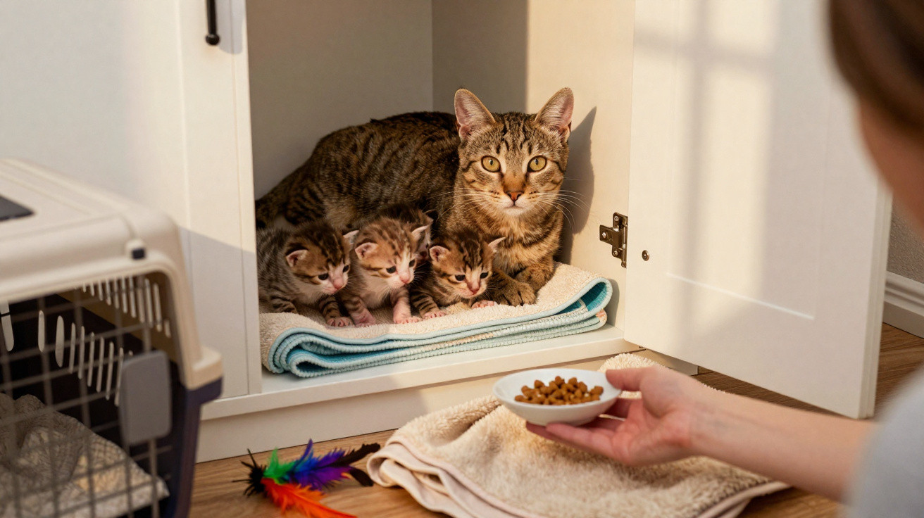 Katzenmutter mit drei Kätzchen in einem Schrank, Mensch reicht Futter auf einem kleinen Teller.