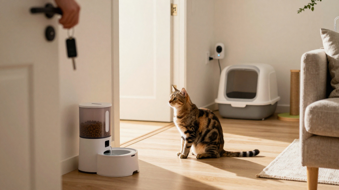 Katze sitzt vor einem automatischen Futterspender, eine Person hält Schlüssel an geöffneter Tür.