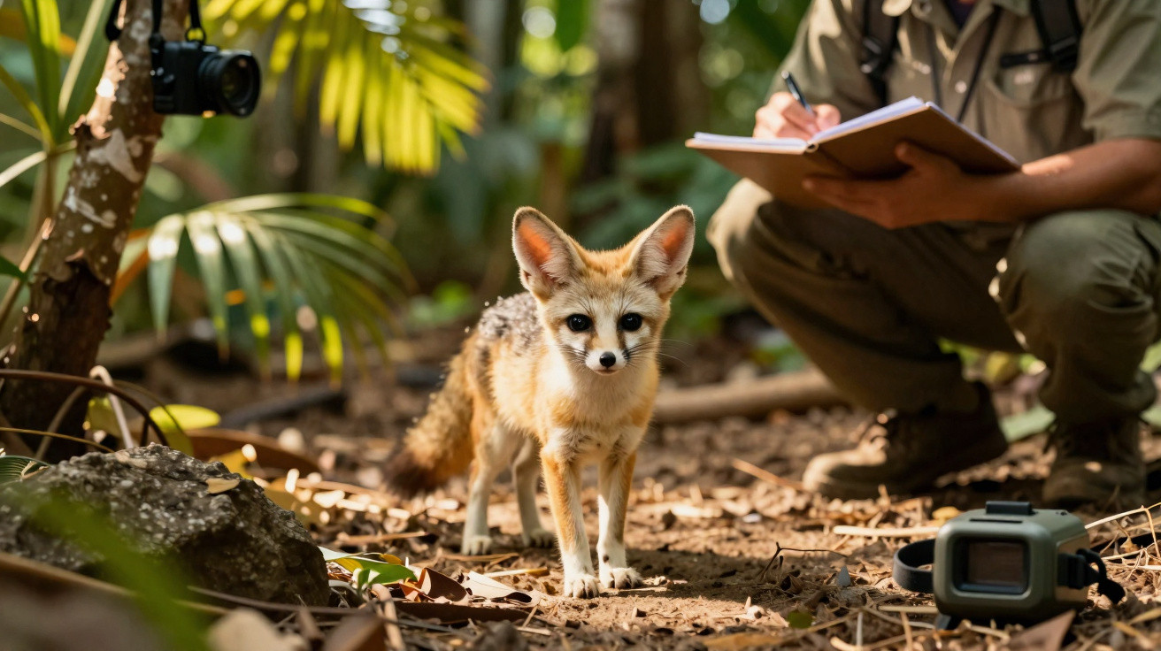 Kleiner Fuchs in einem Wald, neben einem Forscher, der Notizen macht, und Kameras auf dem Boden und Baum befestigt.