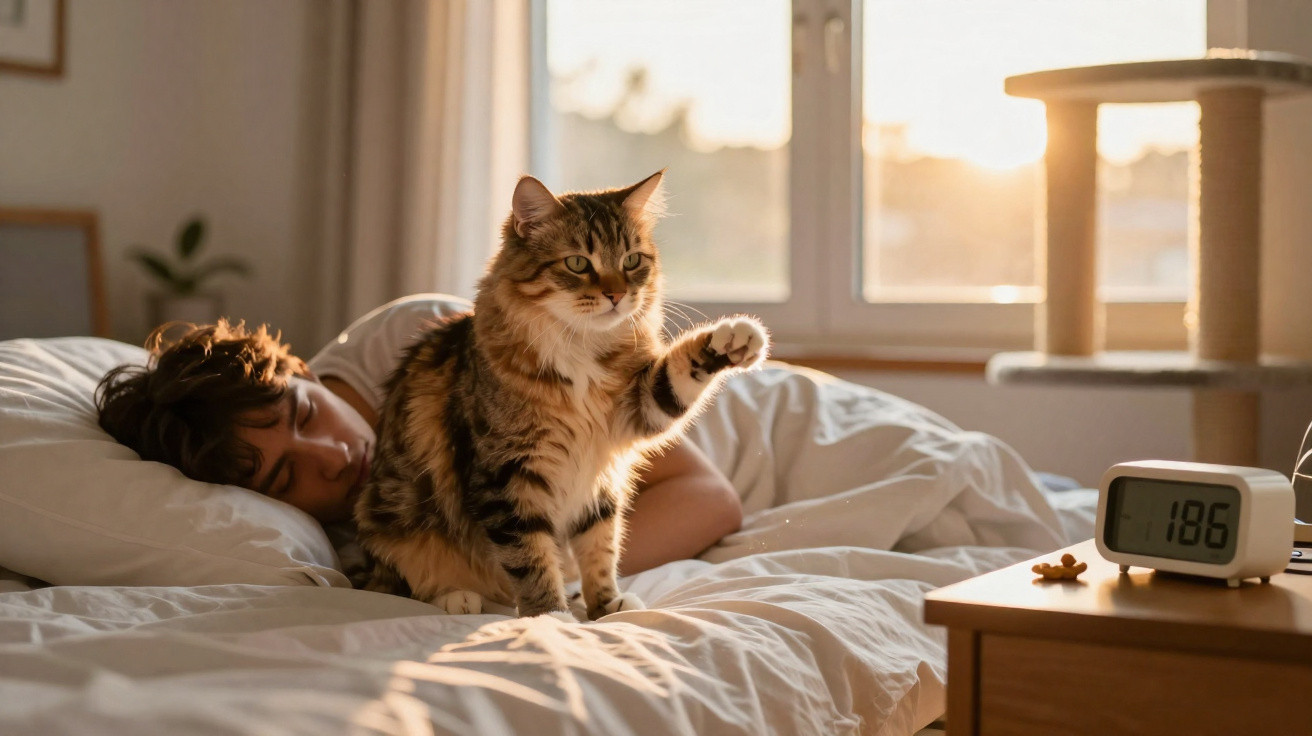 Katze sitzt auf Bett und hebt Pfote, im Hintergrund schlafende Person und digitaler Wecker im Morgenlicht.