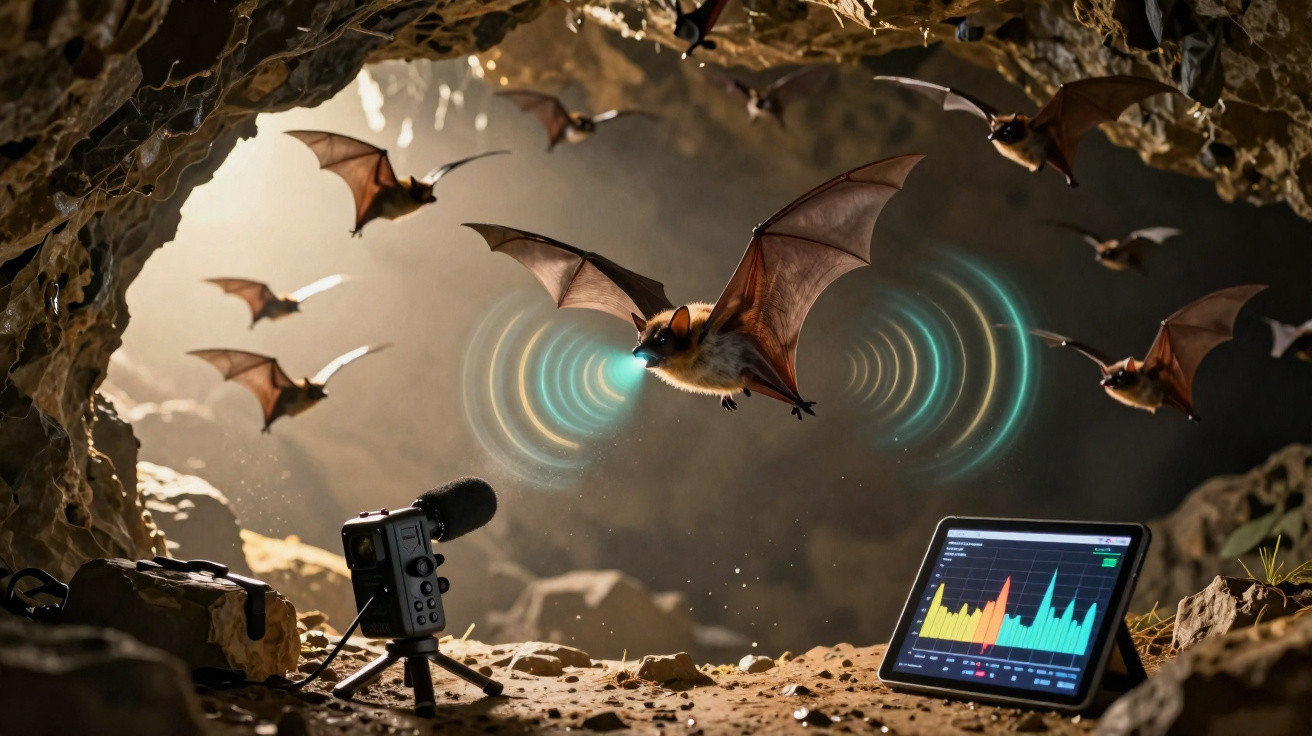 Fledermäuse fliegen und senden Ultraschallwellen in einer Höhle, aufgezeichnet von Mikrofon und Analysegerät.
