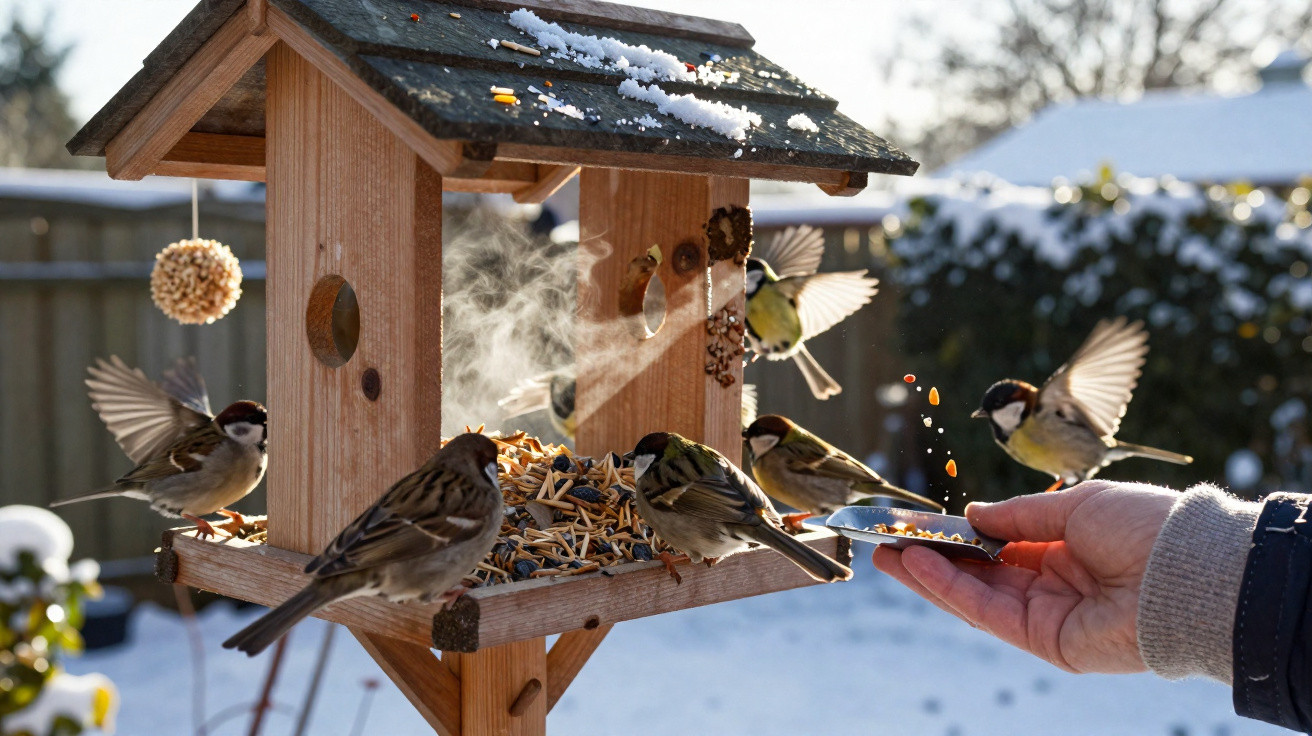 Vogelhaus im Winter mit mehreren Spatzen, die von einer Hand gefüttert werden, Schnee im Hintergrund.