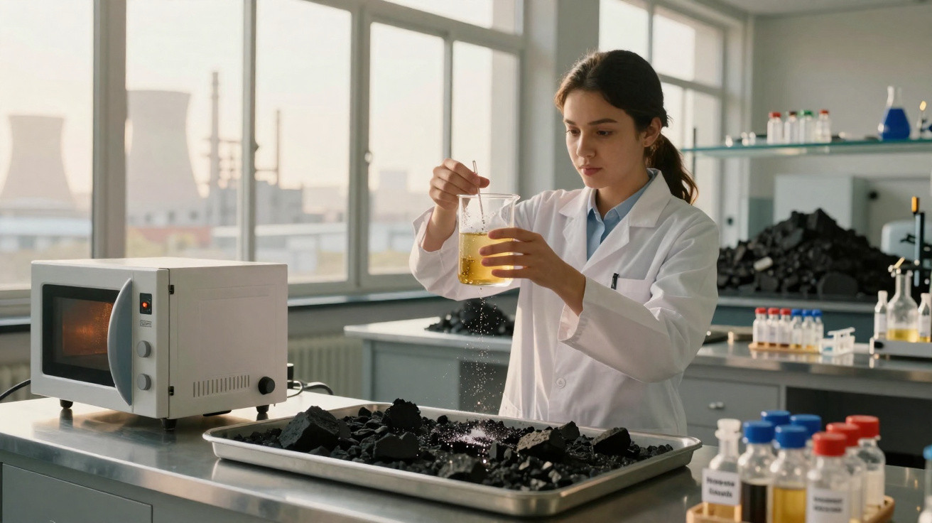 Wissenschaftlerin in weißem Kittel experimentiert mit Flüssigkeit und schwarzen Proben im Labor bei Tageslicht.