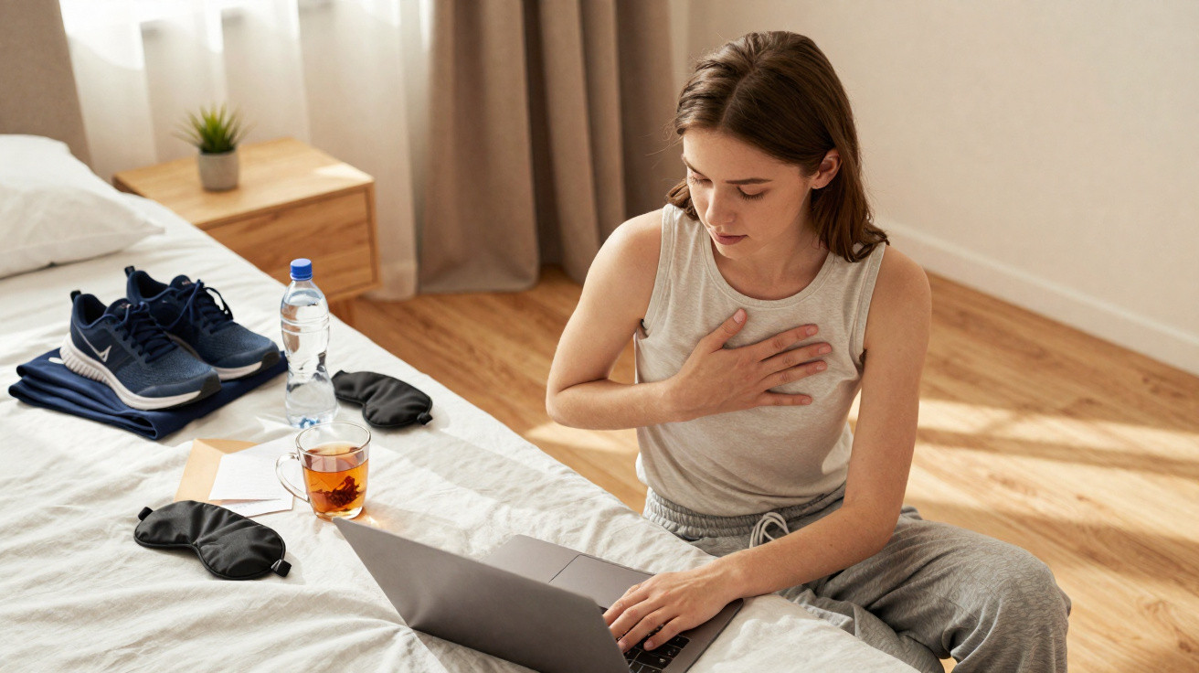 Frau sitzt auf Bett, hält sich die Brust, arbeitet am Laptop, neben ihr Sportkleidung, Wasserflasche und Tee.