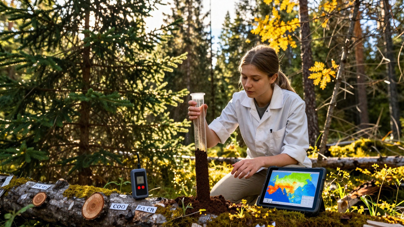Frau in weißem Laborkittel misst Bodenschichten im Wald, neben Messgeräten und Karte auf Tablet.
