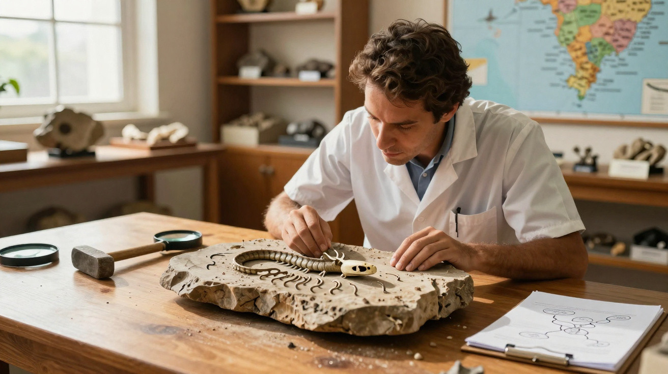 Wissenschaftler untersucht prähistorisches Fossil eines Tausendfüßlers auf einem Tisch im Labor.