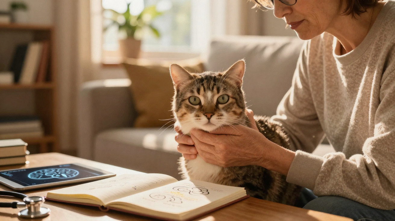 Frau hält beruhigend eine Katze auf dem Schoß, Bücher und Tablet mit Gehirnzeichnung auf dem Tisch.