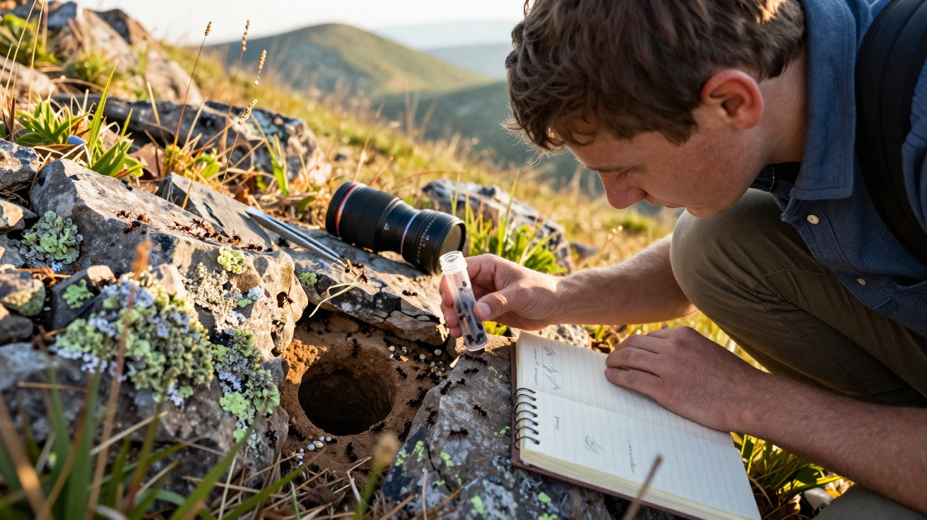 Mann untersucht ein Loch im Boden mit einem Probenbehälter und macht Notizen in einem Feldbuch in der Natur.