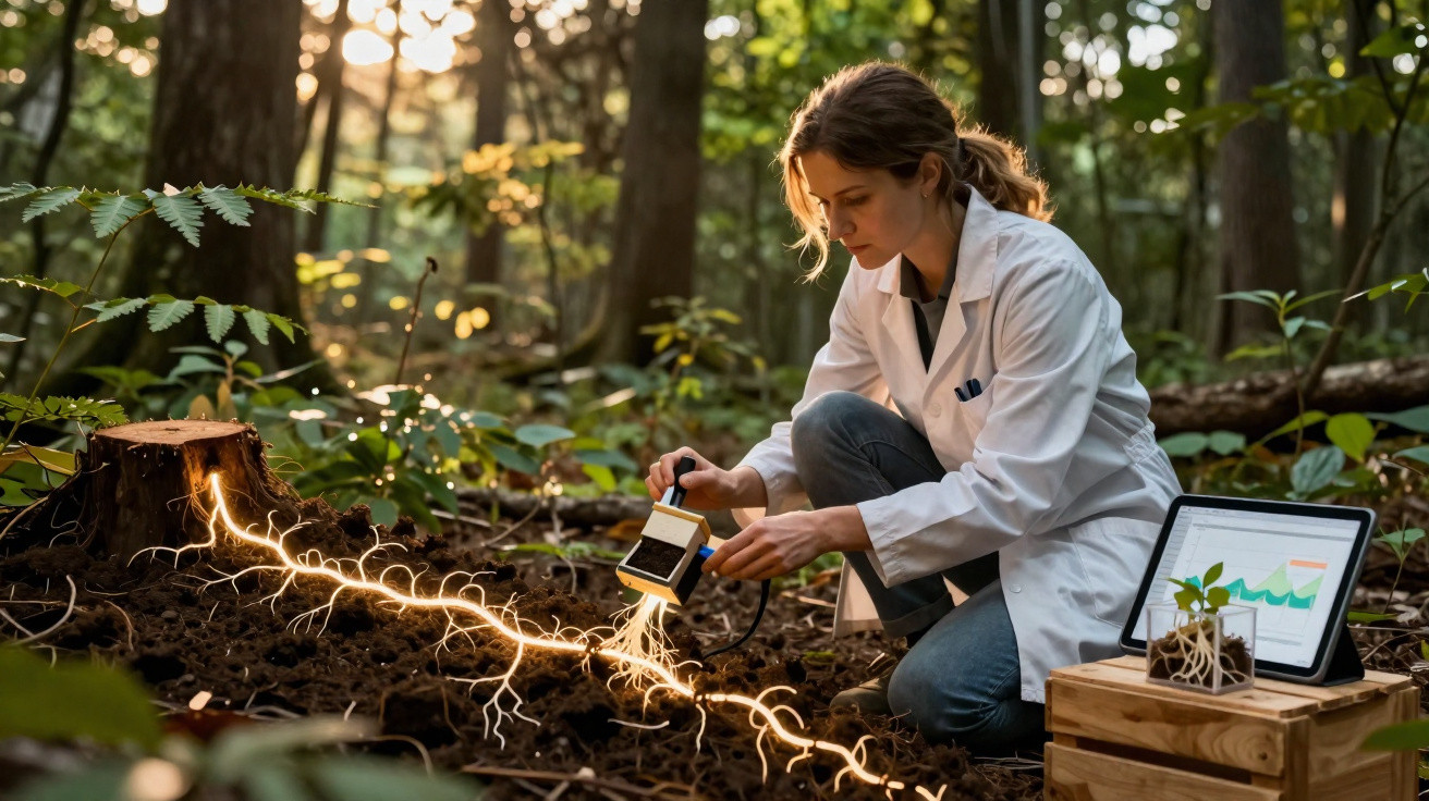 Forscherin in Wald misst Beleuchtung nahe Baumstumpf mit leuchtenden Wurzeln, Laptop zeigt Pflanzenanalyse.