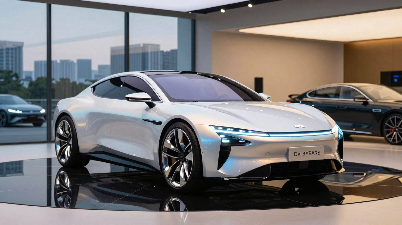 Silberner Elektro-Sportwagen auf schwarzem Podest in modernem Showroom mit weiteren Fahrzeugen im Hintergrund.