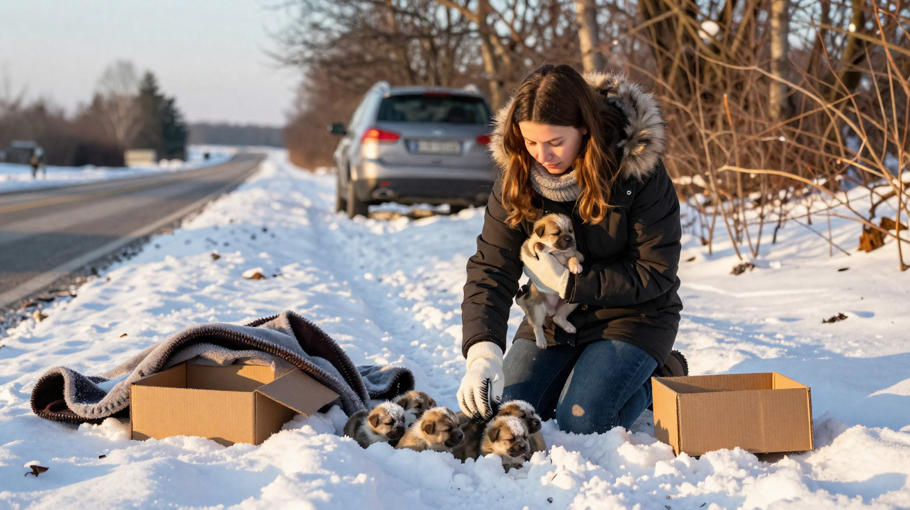 Frau im Wintermantel, die Welpen im Schnee am Straßenrand zwischen zwei Kartons betreut.