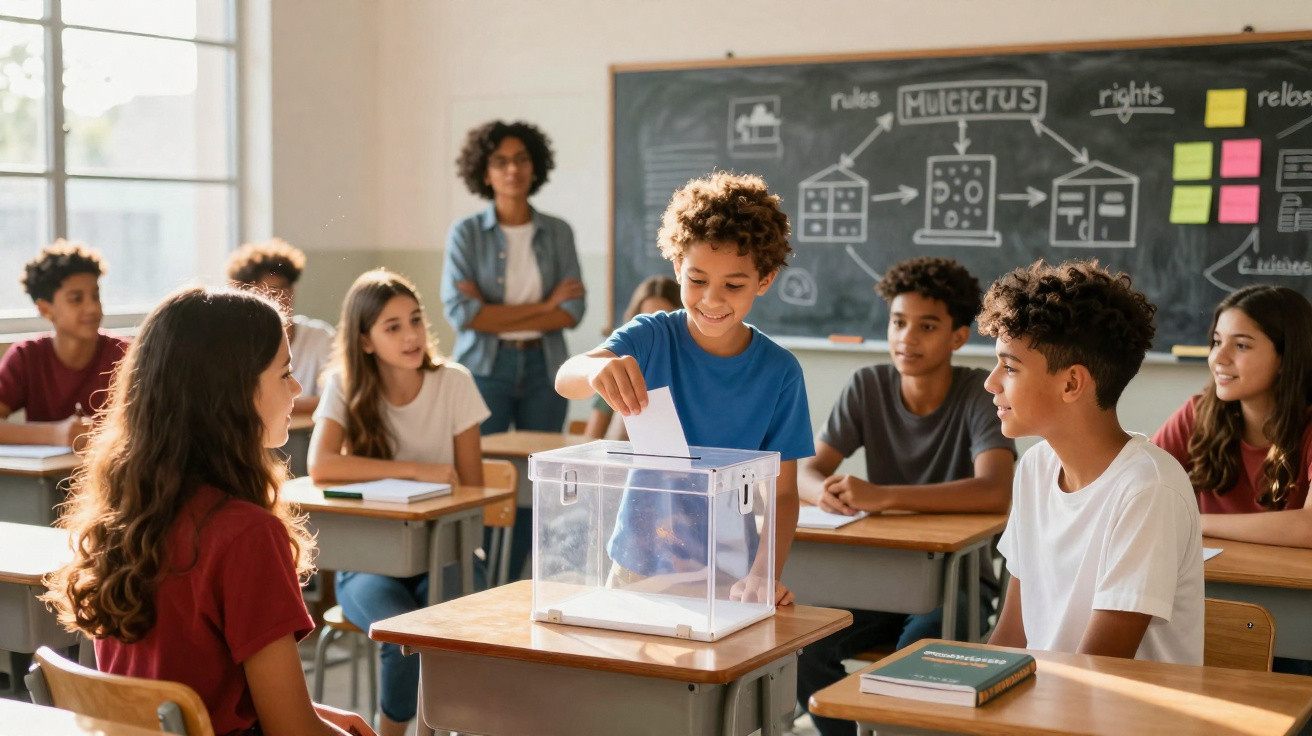 Schüler wählen in einem Klassenzimmer, während Lehrerin im Hintergrund beobachtet, Wahlurne aus transparentem Plastik.