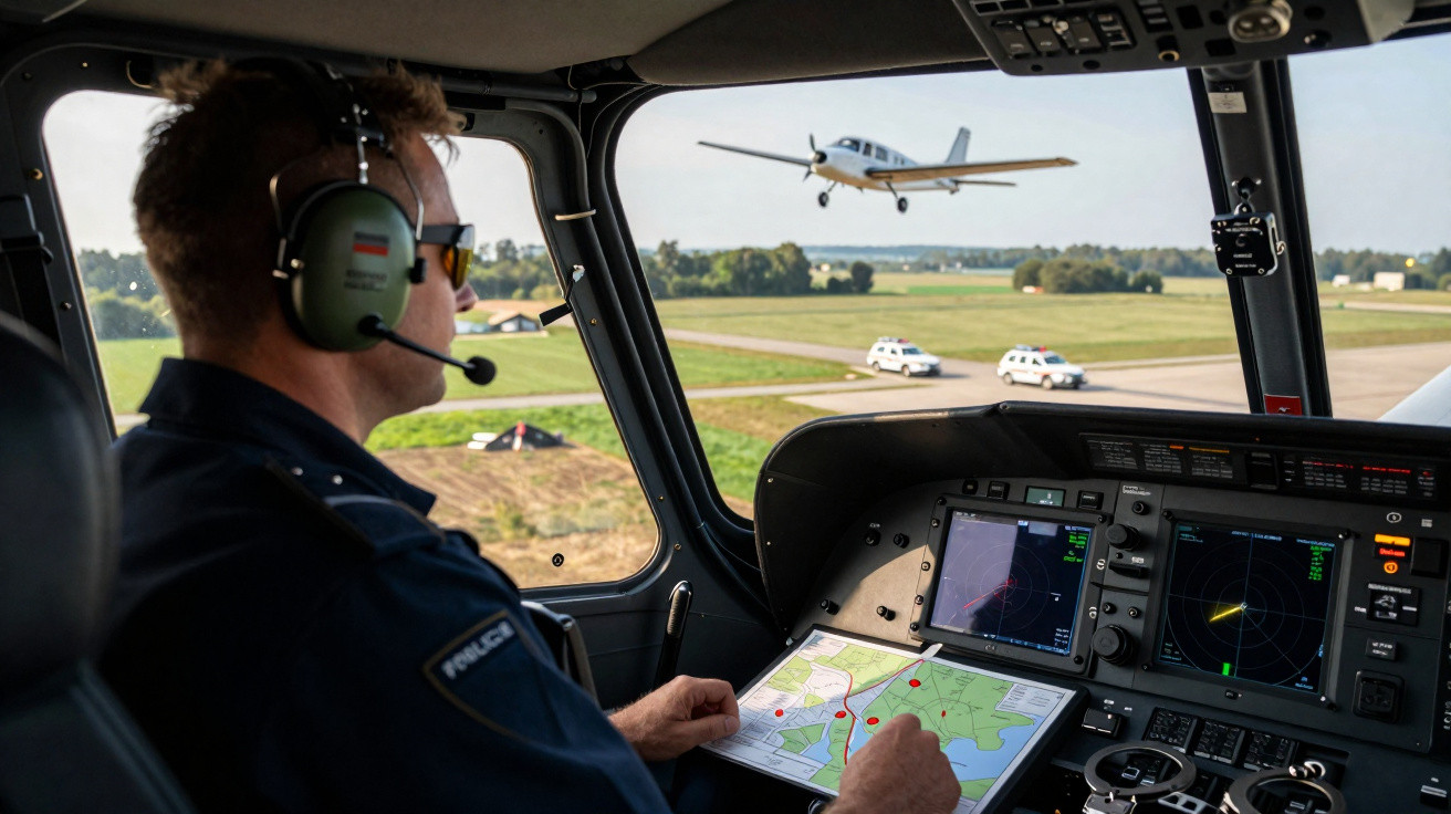 Polizist im Cockpit mit Headset studiert Karte während Flugzeug an Landebahn vorbeifliegt.