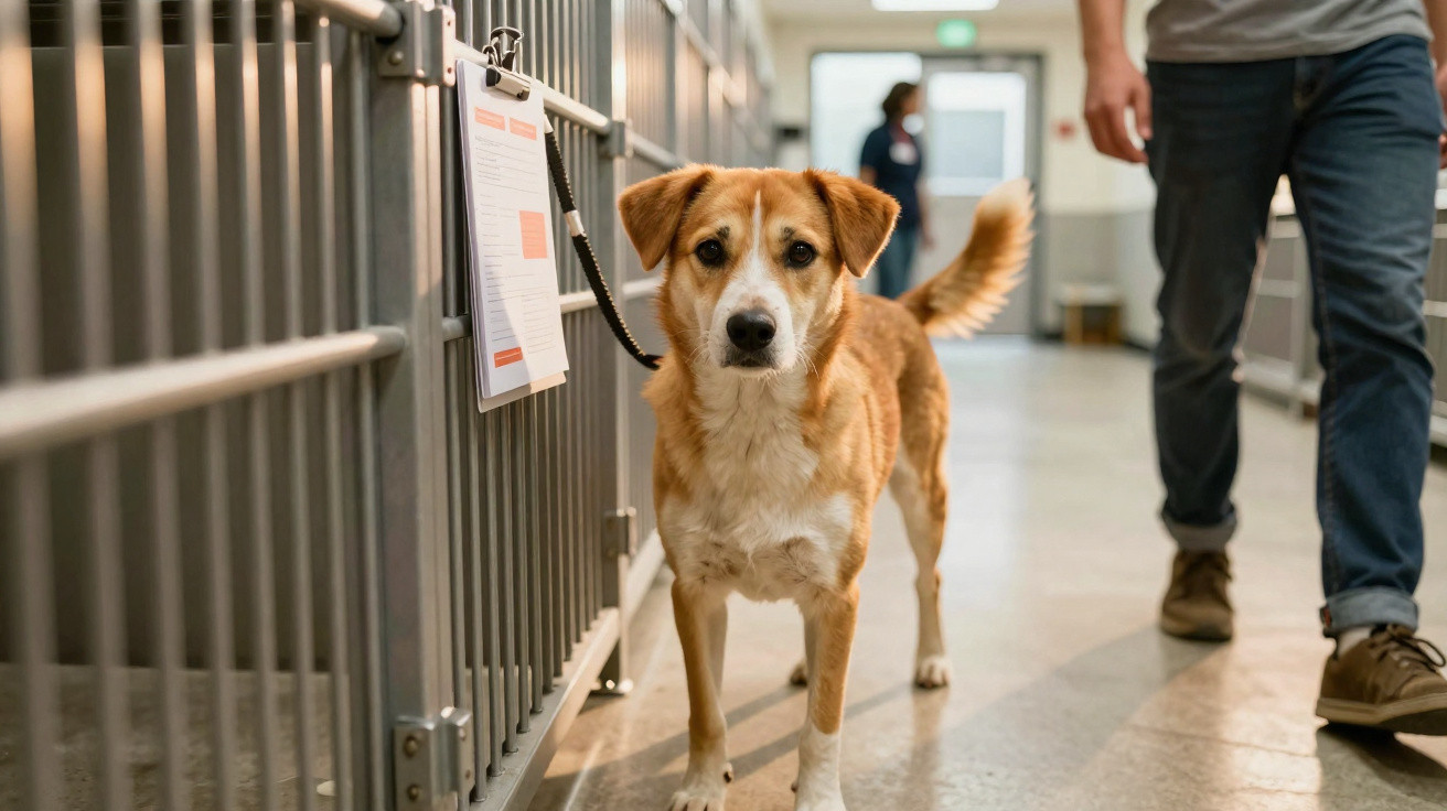 Brauner Hund mit weißer Brust steht an Metallgitter in Tierheim, Person läuft im Hintergrund vorbei.