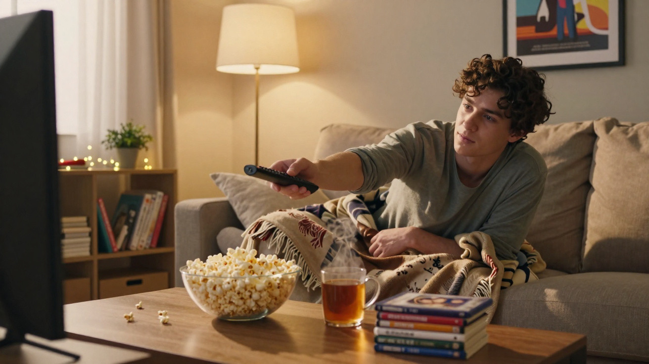 Junger Mann sitzt auf dem Sofa, sieht fern und hält Fernbedienung, neben Popcornschale und Getränk auf dem Tisch.