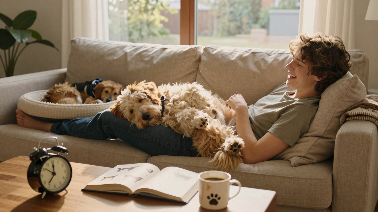 Junge liegt entspannt mit zwei Hunden auf dem Sofa, im Vordergrund Uhr, Buch und Tasse mit Pfotenmotiv.