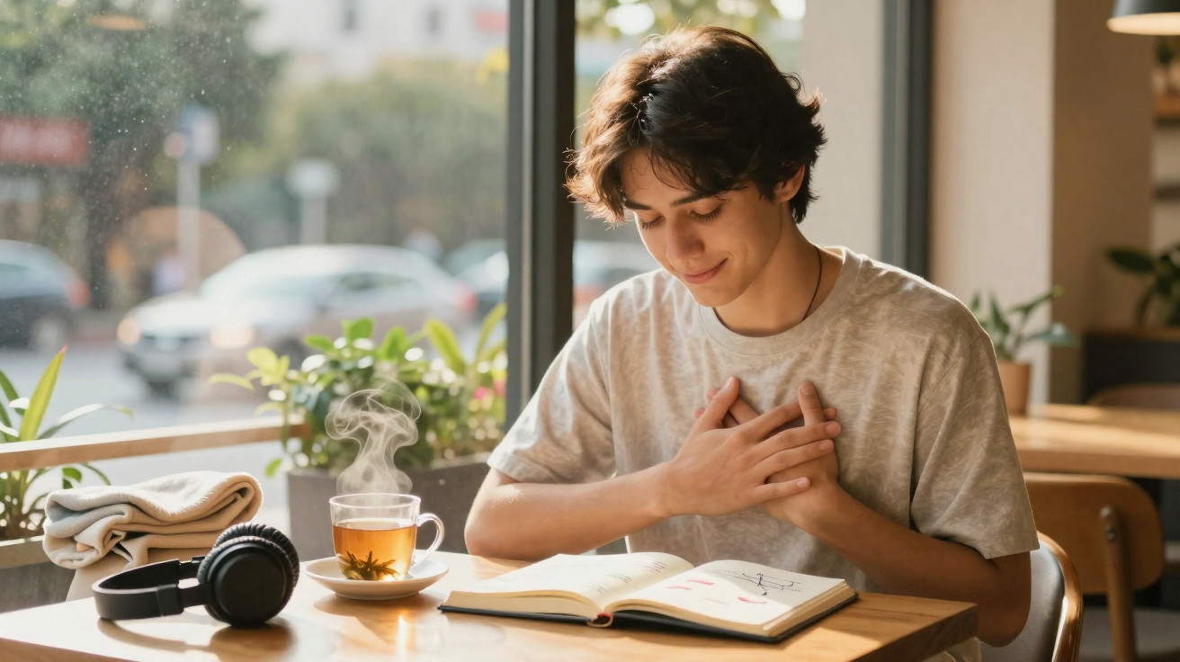 Junger Mann liest in Café ein Buch, dampfender Tee steht neben Kopfhörern auf dem Tisch.