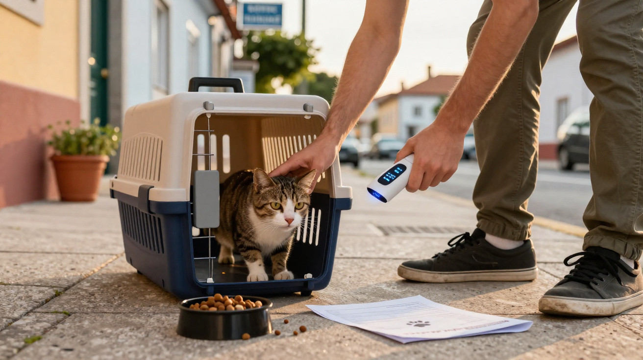 Mann setzt Katze mit Transportbox und Lesegerät auf Gehweg frei, Futternapf und Papier liegen daneben.