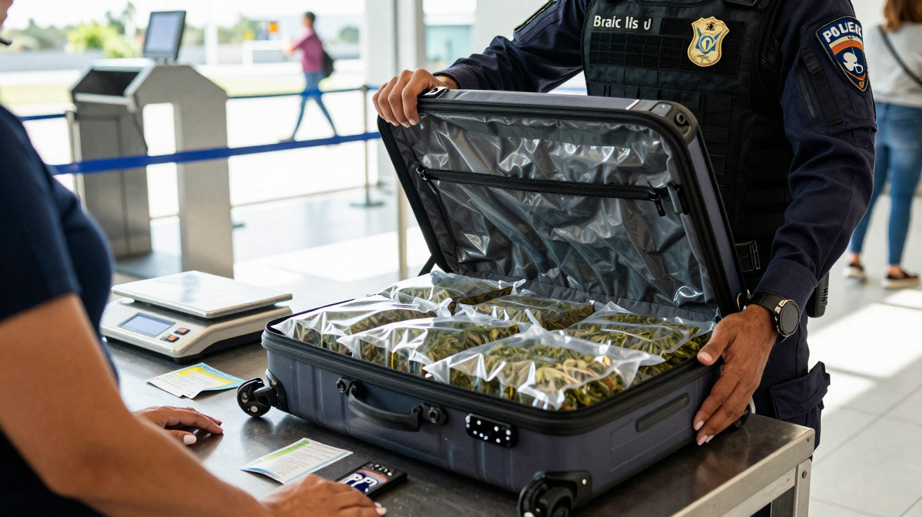 Polizist öffnet Koffer mit mehreren Beuteln getrocknetem Cannabis am Flughafeninspektionstisch.