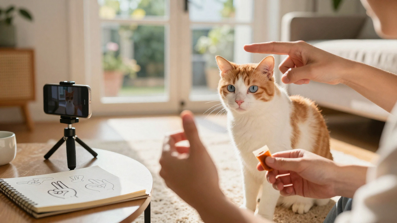 Eine Person trainiert eine rot-weiße Katze vor einem Smartphone auf Stativ in einem Wohnzimmer.