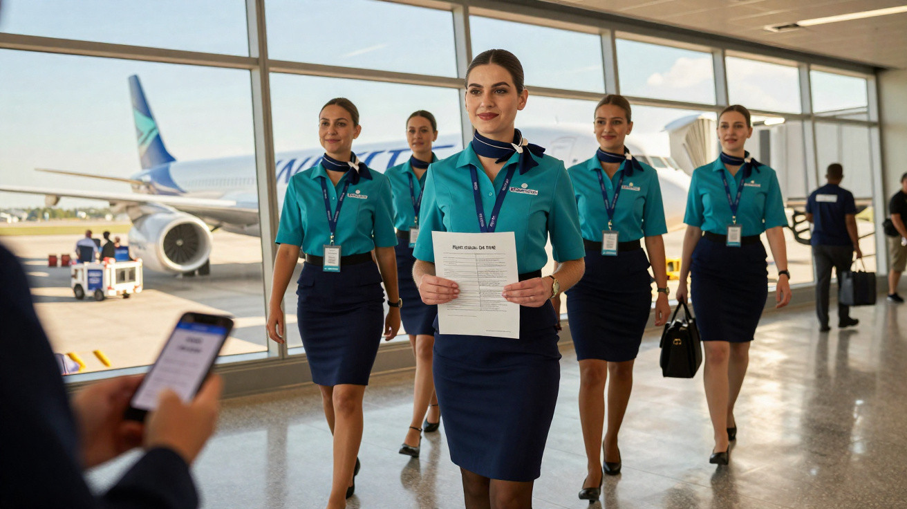 Fünf Flugbegleiterinnen in einheitlicher Kleidung gehen durch einen Flughafen, im Hintergrund ein Flugzeug.