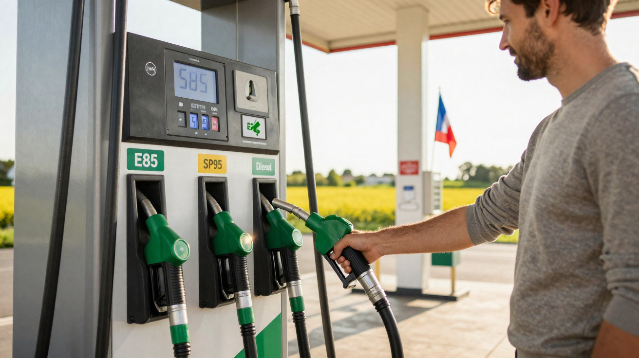Mann betankt Auto an Zapfsäule mit Diesel-Griff an sonniger Tankstelle im Freien.