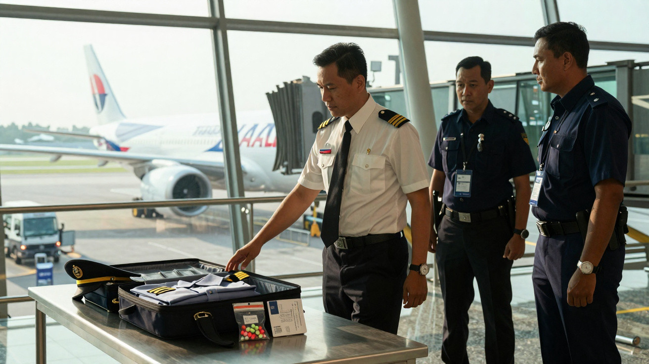 Flugkapitän und Sicherheitskräfte überprüfen Pilotenuniformen am Flughafen nahe Flugzeug im Hintergrund.