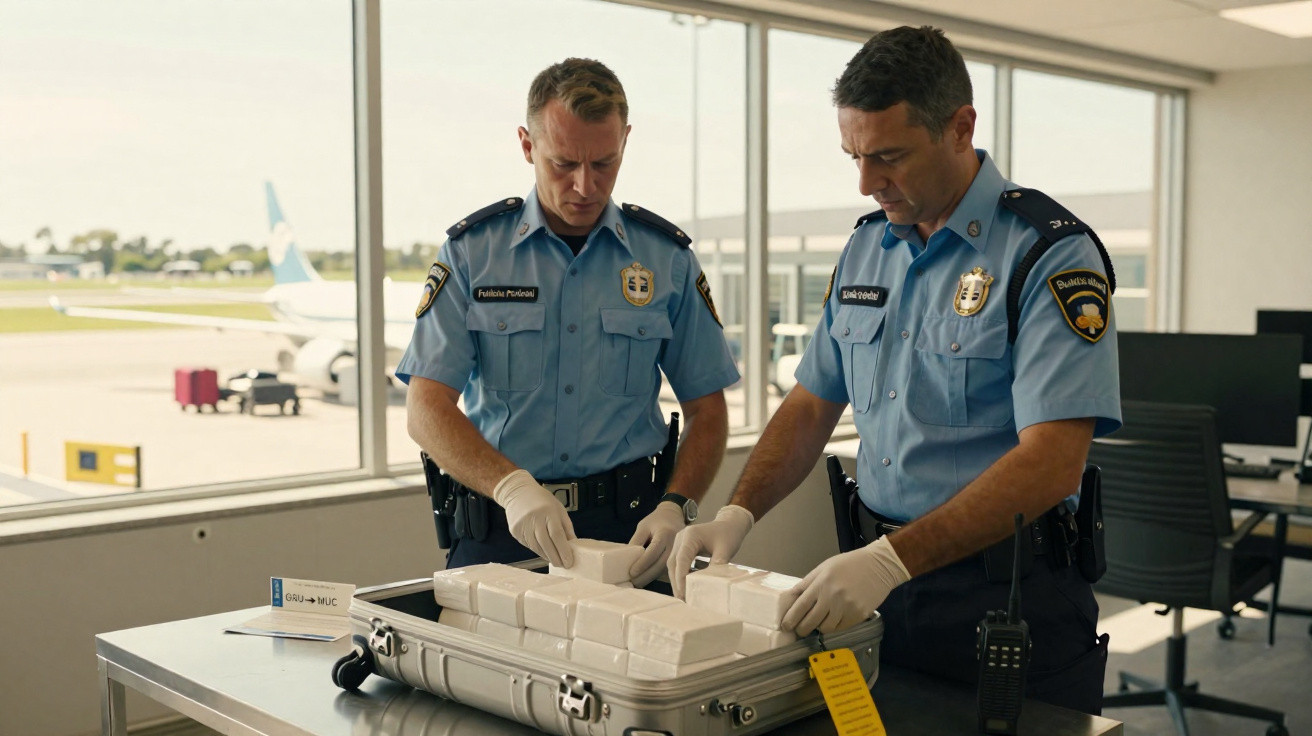 Zwei Polizisten in Uniform inspizieren beschlagnahmte weiße Pakete in einem Koffer an einem Flughafen.