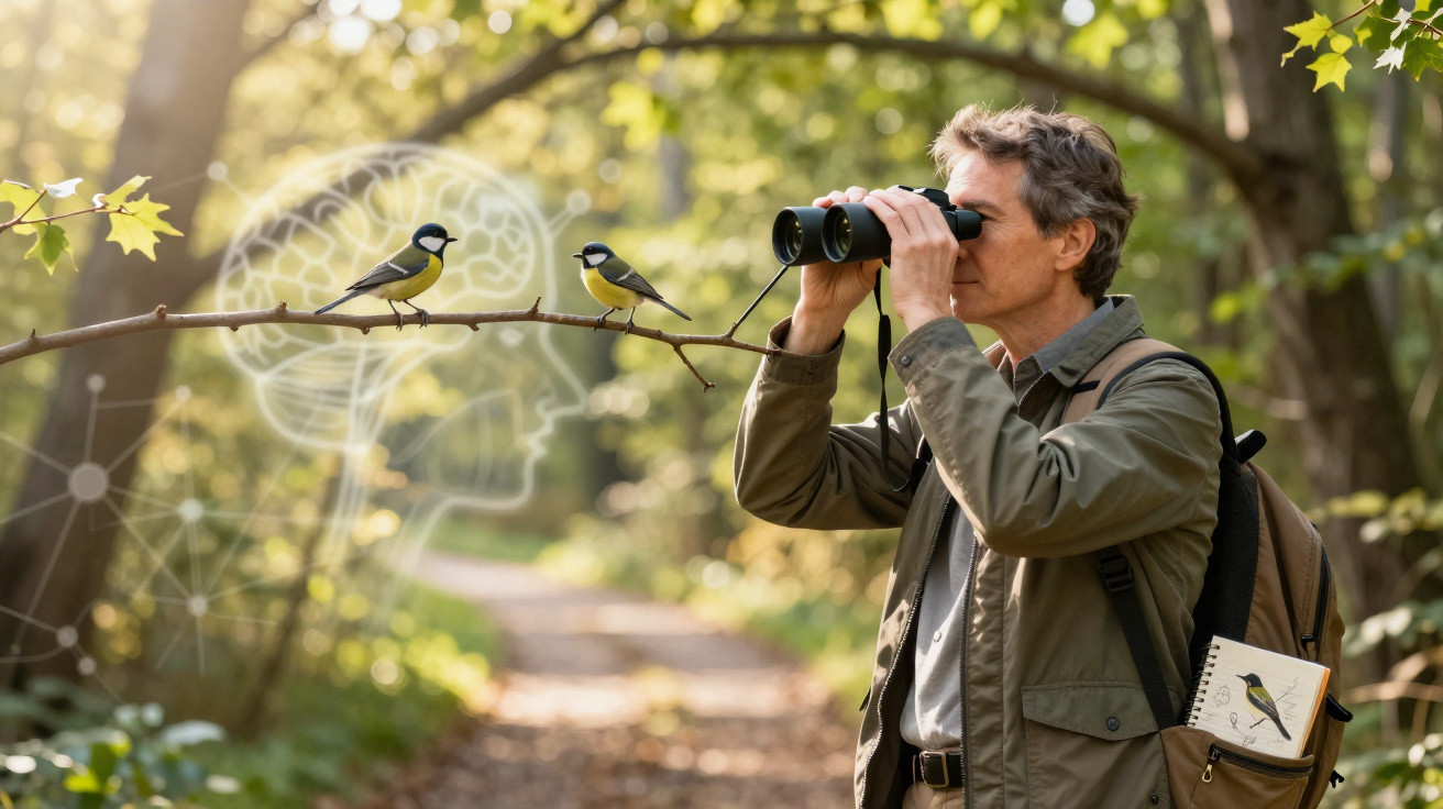 Mann beobachtet mit Fernglas Vögel im Wald, zwei Meisen sitzen auf einem Ast, umgeben von Herbstlaub.