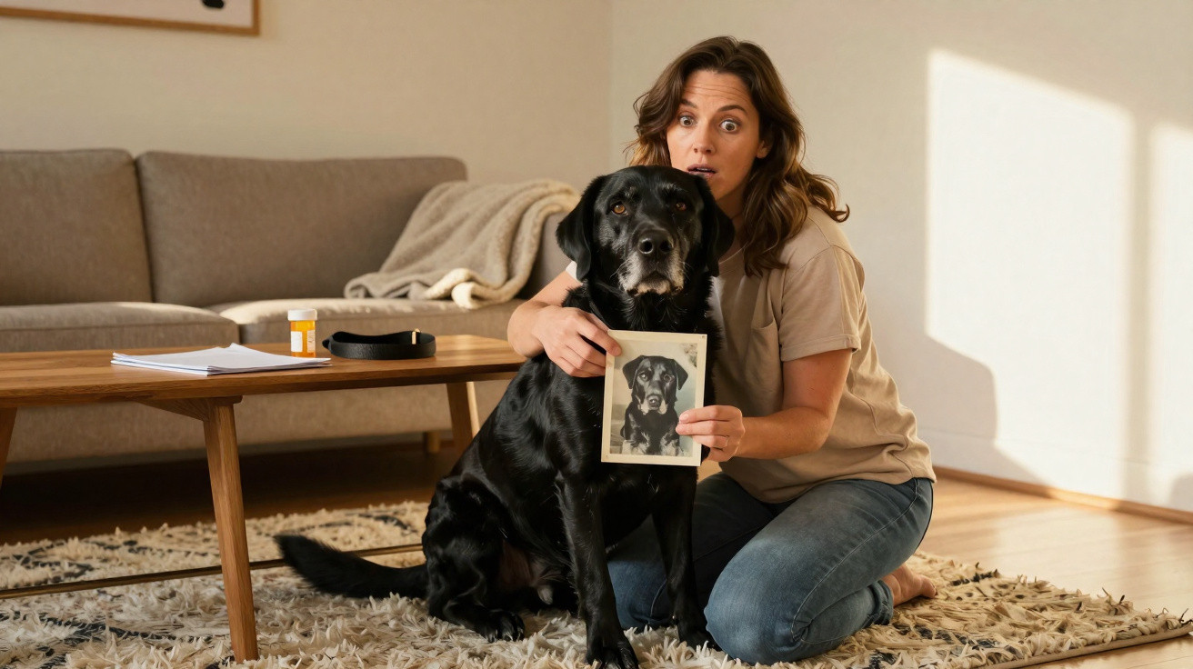 Frau kniet neben schwarzem Labrador und hält Foto vom Hund in hellem Wohnzimmer mit Teppich und Sofa.
