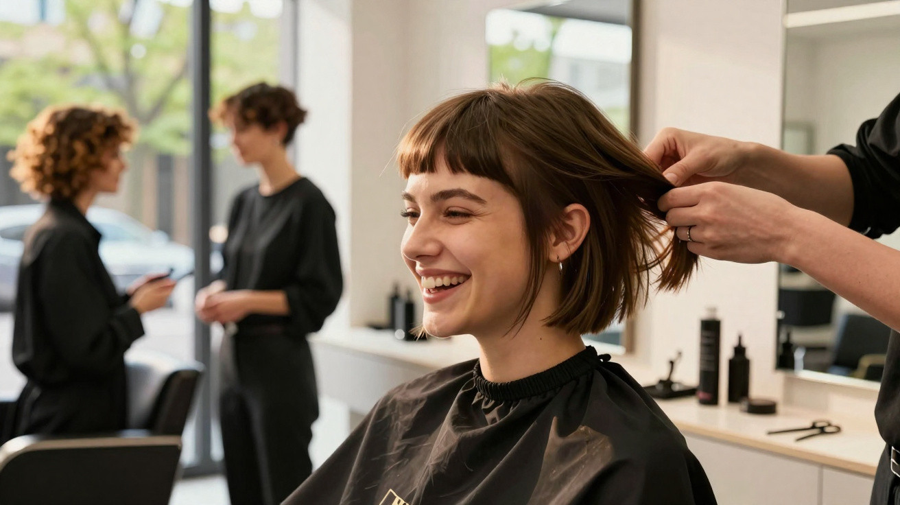 Frau mit kurzem Haar, die lächelnd im Friseursalon eine neue Frisur erhält.