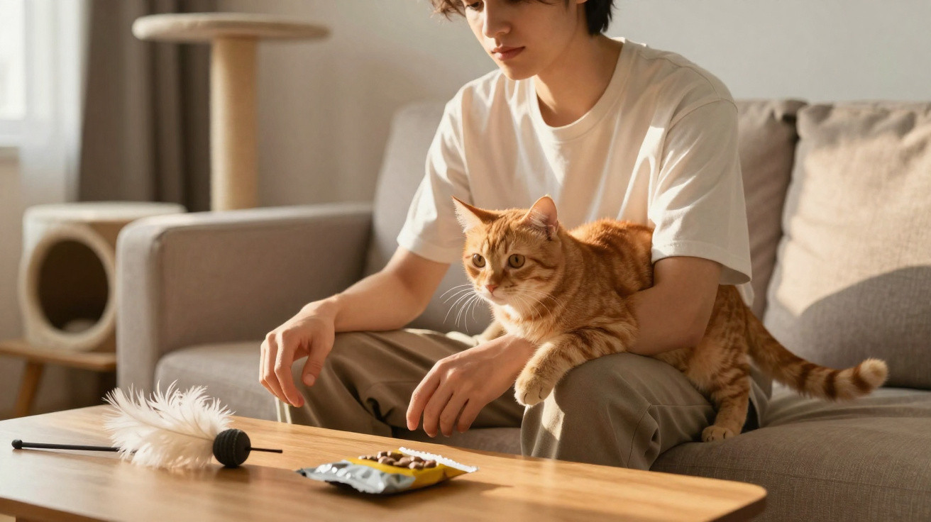Junge sitzt auf Sofa mit roter Katze auf dem Schoß, vor ihnen Spielzeug und Snack auf dem Tisch.