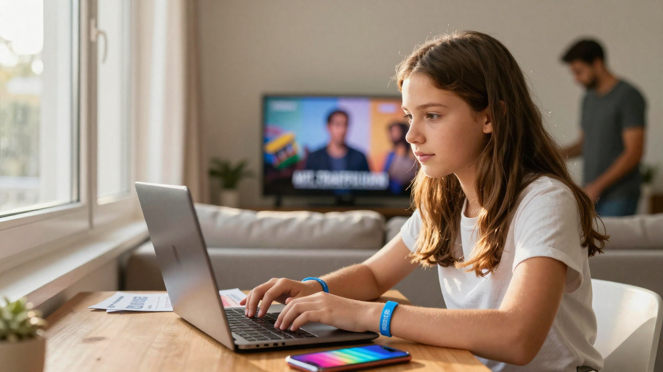 Jugendliche sitzt am Tisch und arbeitet konzentriert an einem Laptop in hellem Wohnzimmer.