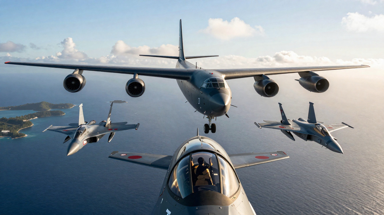 Vier Militärjets und ein großes Transportflugzeug fliegen formation über Wasser und Inseln bei Sonnenaufgang.