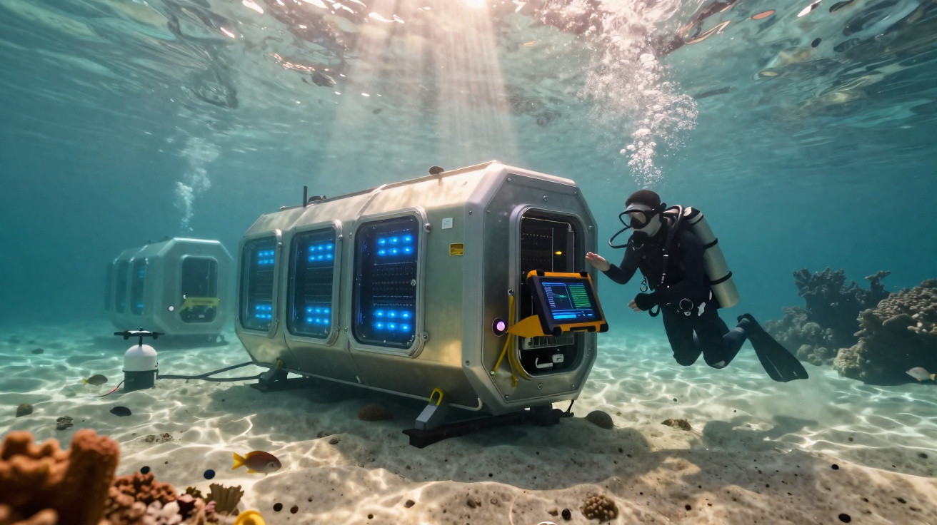 Taucher untersucht ein futuristisches Unterwasserlabor auf Meeresboden mit Korallen und Fischen.