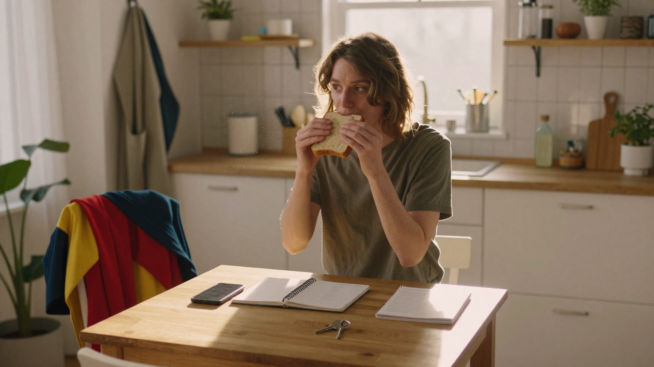 Junge Person isst Sandwich am Küchentisch mit Notizbuch, Smartphone und Schlüssel im Tageslicht.