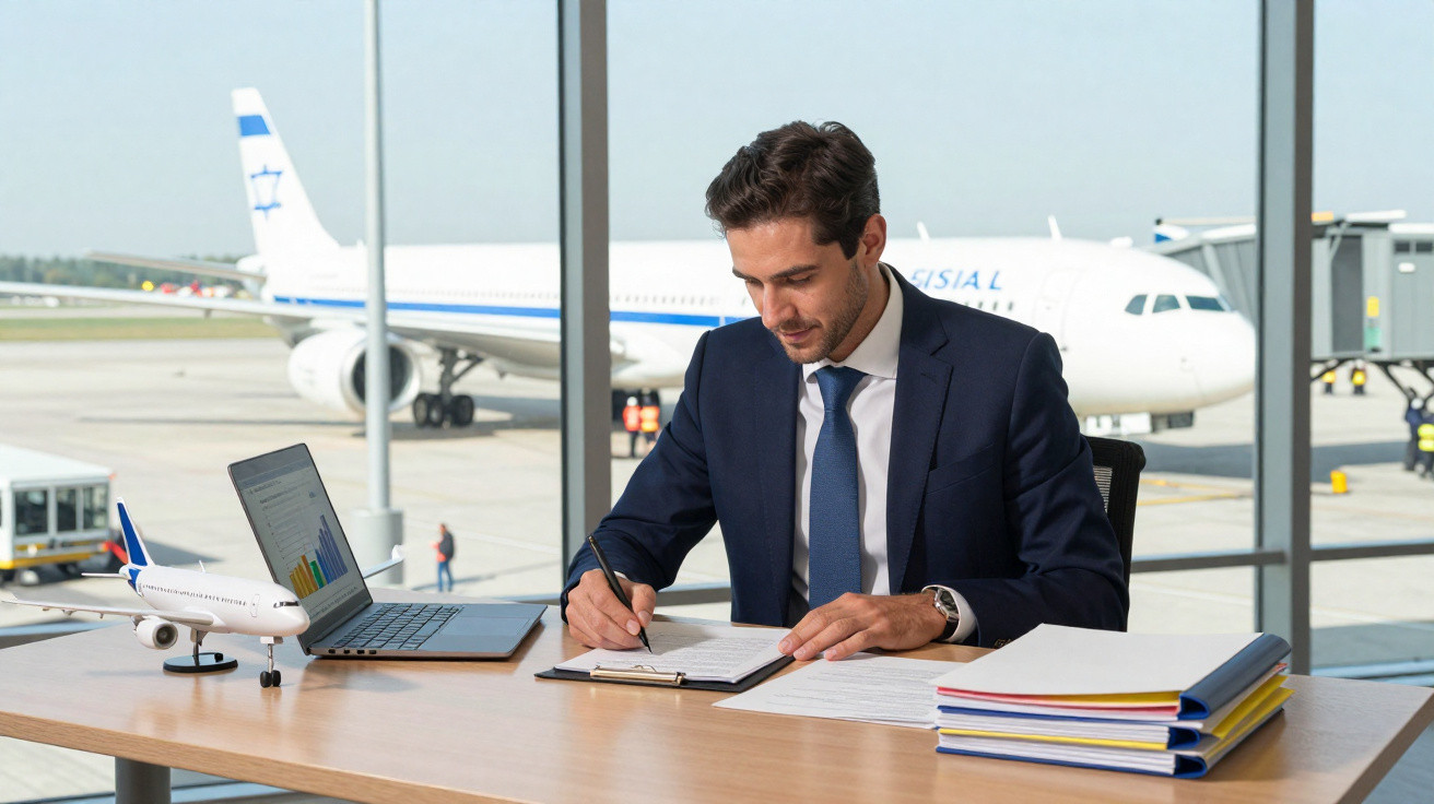 Geschäftsmann im Büro am Flughafen schreibt, Laptop, Akten und Flugzeugmodell auf dem Tisch, Flugzeug im Hintergrund.