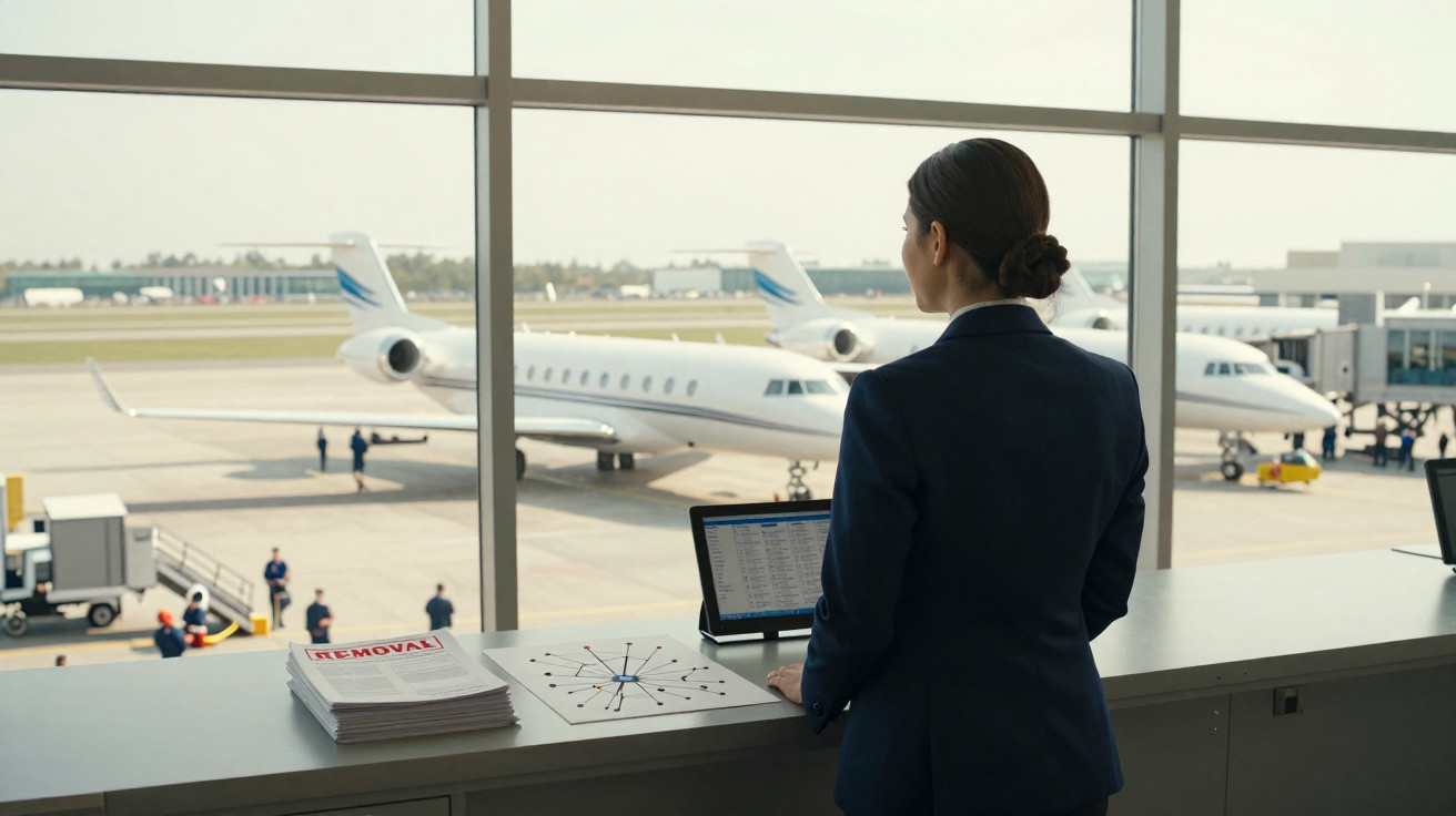 Fluglotse in Uniform blickt auf Rollfeld mit geparkten Privatjets und Mitarbeitern am Flughafen.