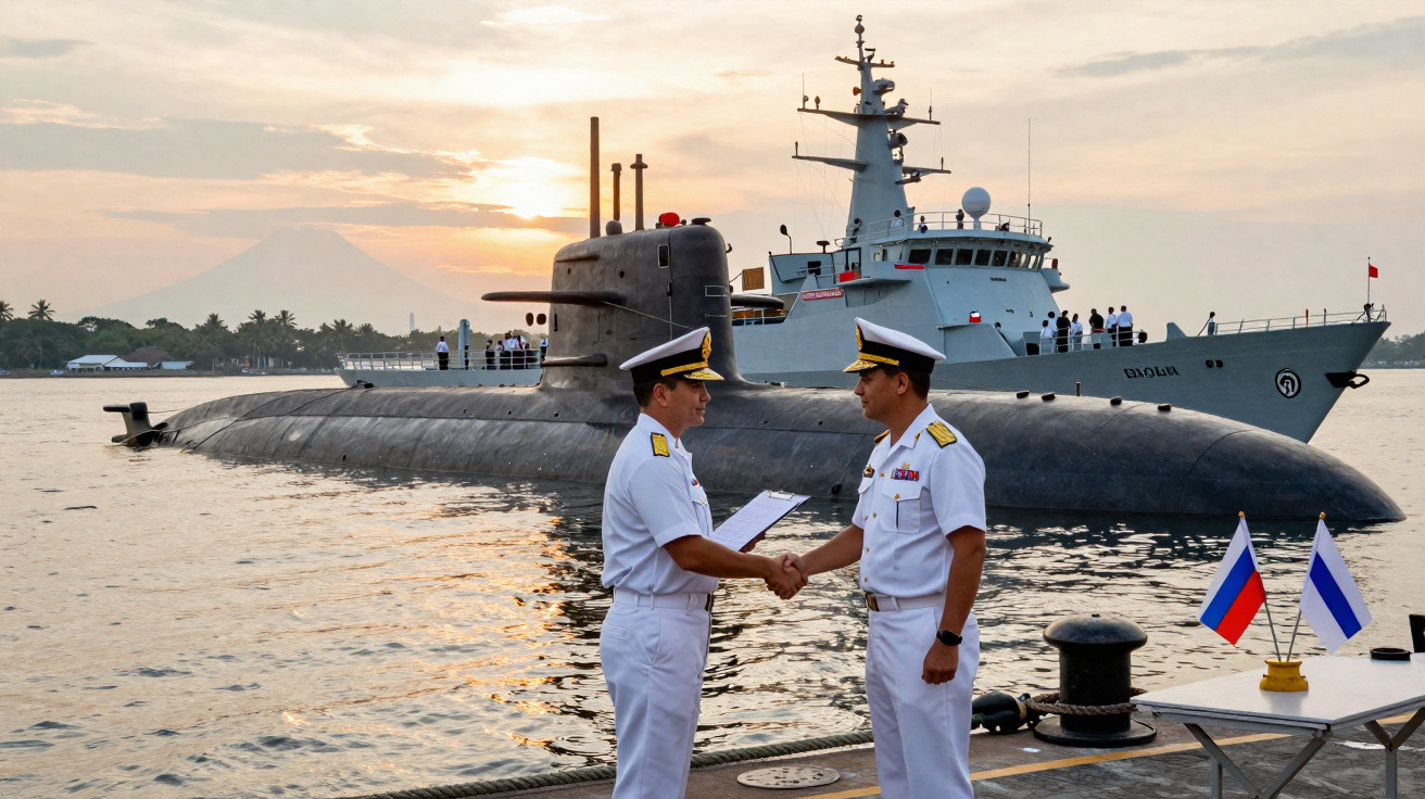 Zwei Marineoffiziere in weißer Uniform geben sich vor einem U-Boot und einem Patrouillenboot am Hafen die Hand.