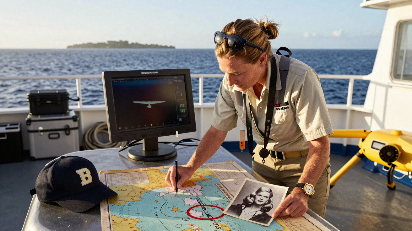 Frau auf Schiff markiert mit Stift einen Punkt auf Seekarte, hält Foto, Monitor und Meer im Hintergrund.