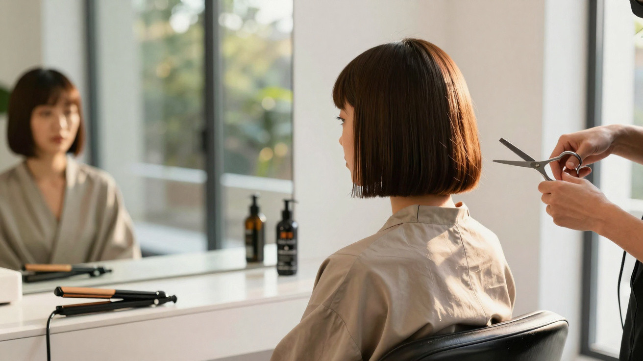 Frau mit kurzem Bob-Haarschnitt sitzt im Friseursalon, Friseur hält Schere zum Haare schneiden bereit.