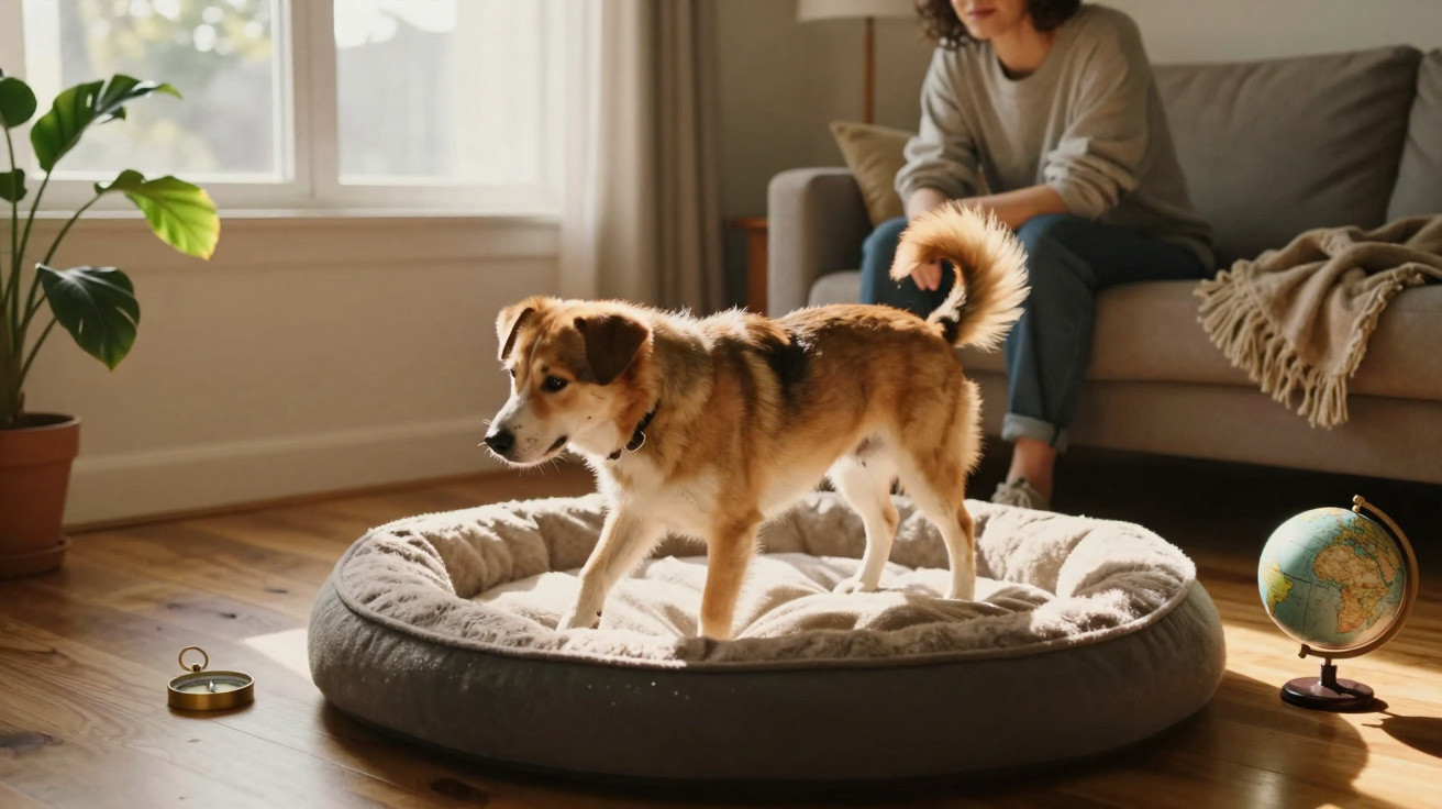 Hund steht auf rundem Hundebett im Wohnzimmer, während eine Frau auf dem Sofa sitzt und zuschaut.