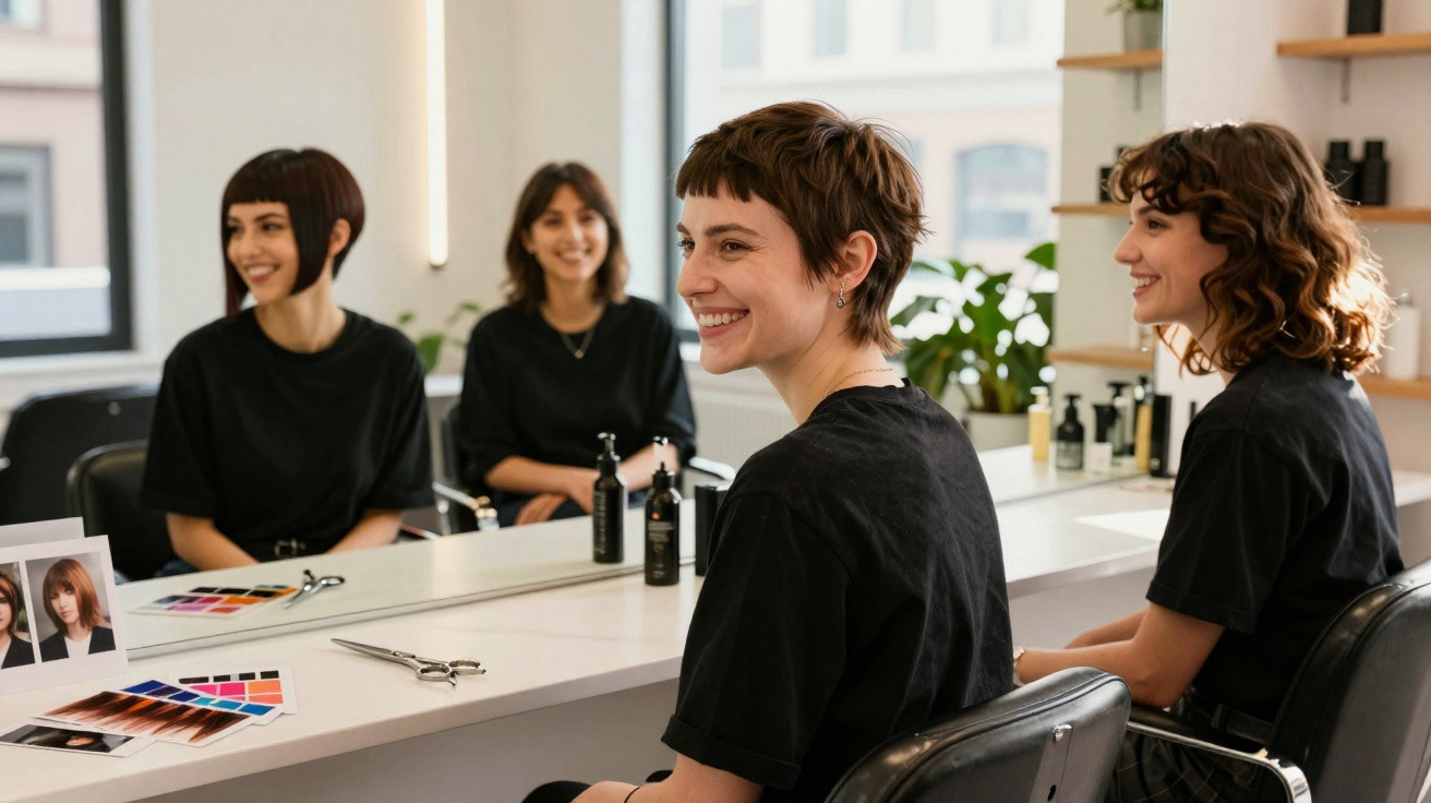 Drei Frauen mit kurzen Haaren sitzen im Friseursalon vor einem Spiegel und lächeln.
