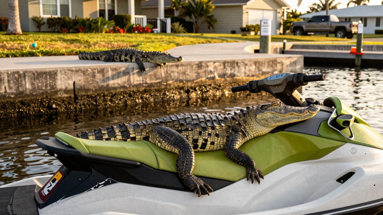 Alligator liegt entspannt auf einem grünen Jetski am Wasser mit einem weiteren Alligator am Ufer im Hintergrund.