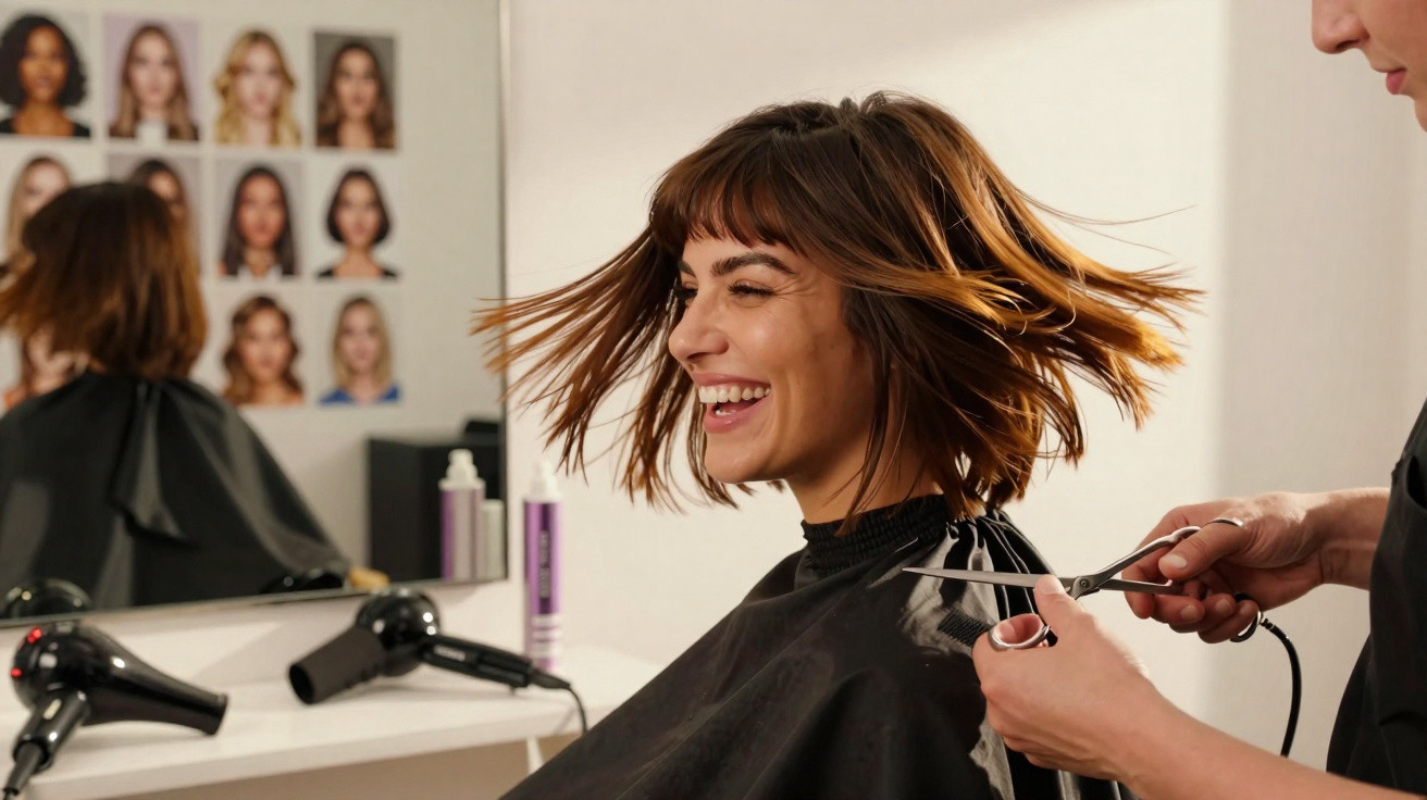 Frau lacht beim Haareschneiden im Friseursalon, Friseur schneidet ihre Haare mit Schere.