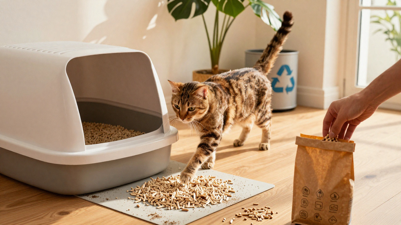 Katze tritt auf Streu vor Katzenklo, Hand füllt nach, Recyclingbehälter und Pflanze im Hintergrund.