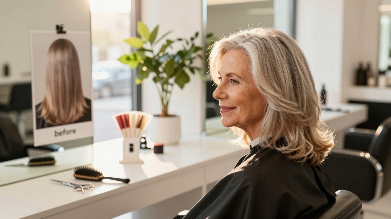 Ältere Frau mit frischer, gestylter Frisur sitzt entspannt im Friseursalon vor Spiegel.