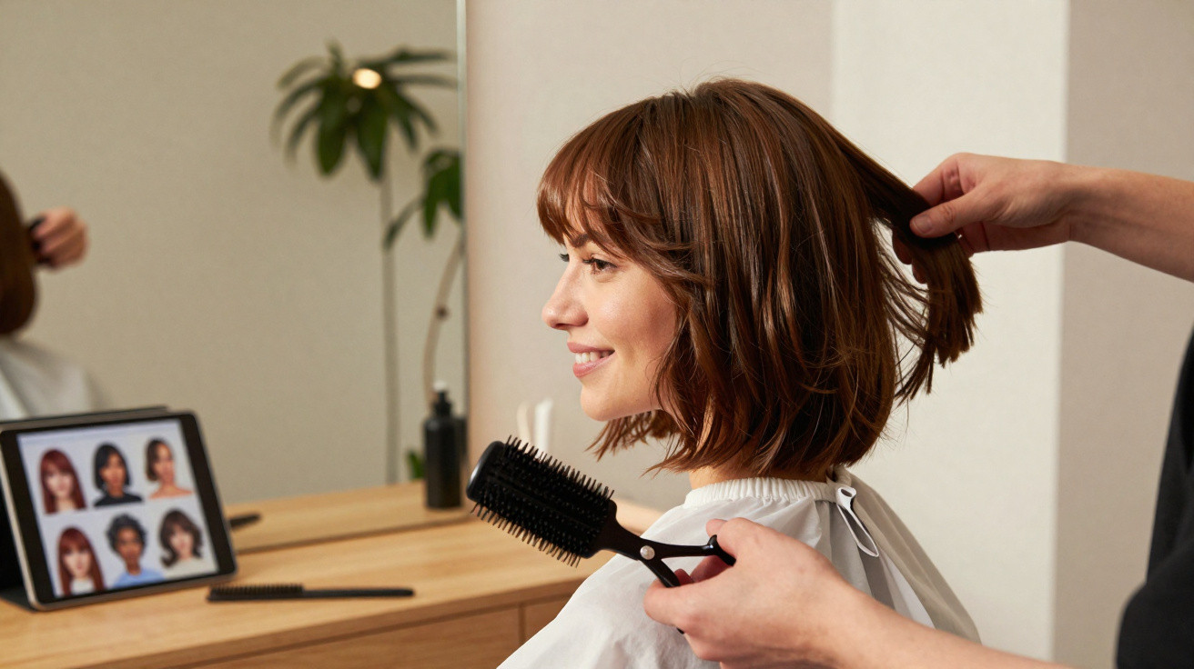 Frau sitzt beim Friseur, lächelt, während Stylist an ihrem kastanienbraunen Bob-Haarschnitt arbeitet.